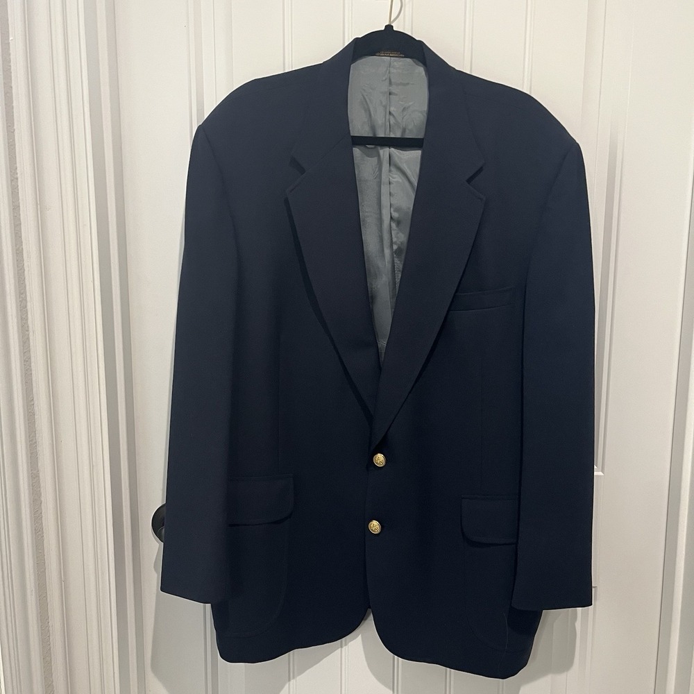 Stafford Blazer Mens 46R Navy Blue 2 Gold Button Worsted‎ Wool Blend Vintage